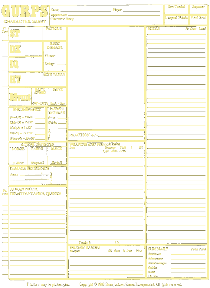 GURPS character sheet for Mirar